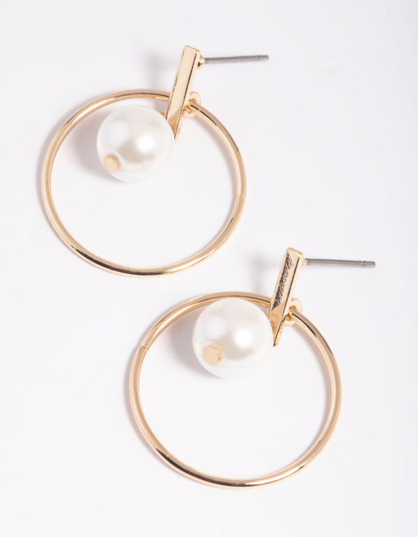 Gold Circle Pearl Drop Earrings