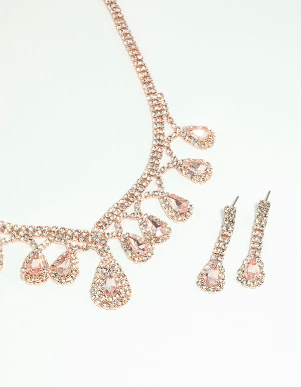 Rose Gold Teardrop Diamante Necklace & Earrings Set