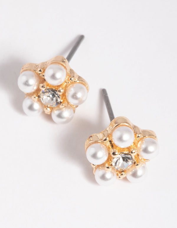 Gold & Pearl Flower Stud Earrings