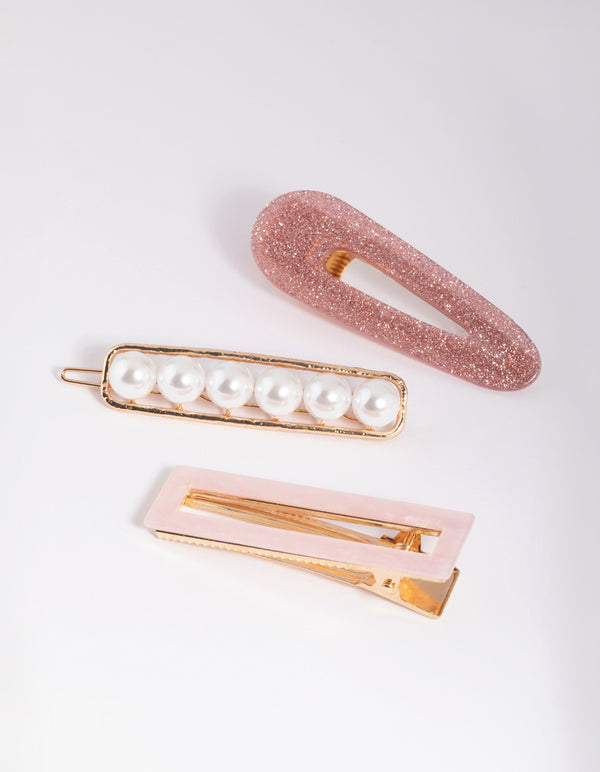 Pink Glitter Pearl Clips