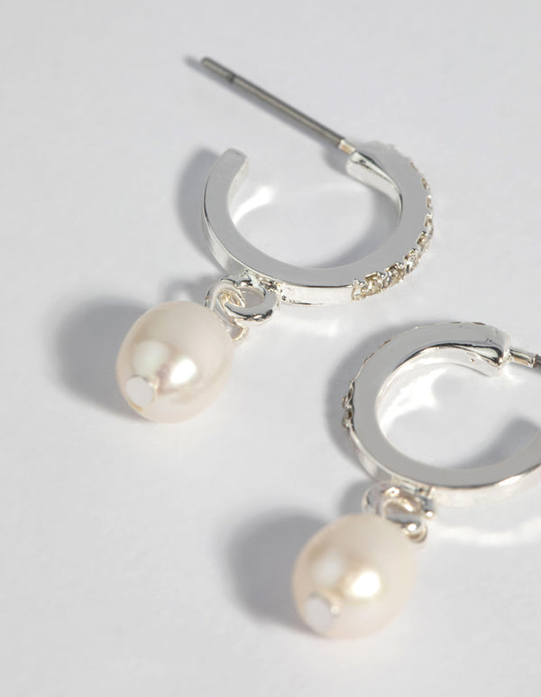 Silver Plated Diamante & Freshwater Pearl Huggie Hoop Earrings