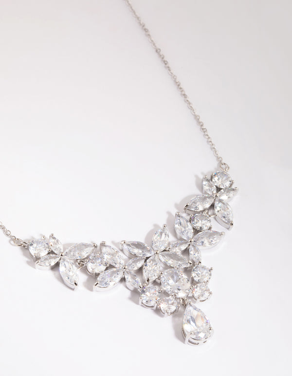 Silver Cubic Zirconia Floral Statement Necklace