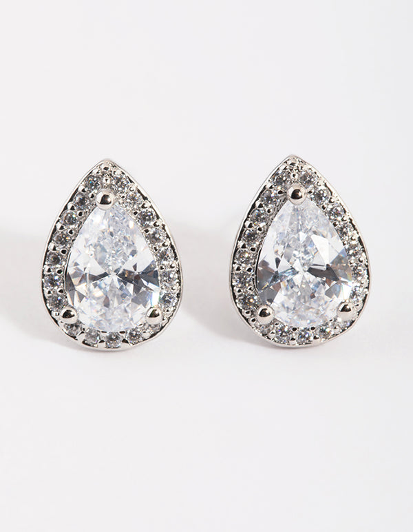 Silver Cubic Zirconia Pear Halo Stud Earrings