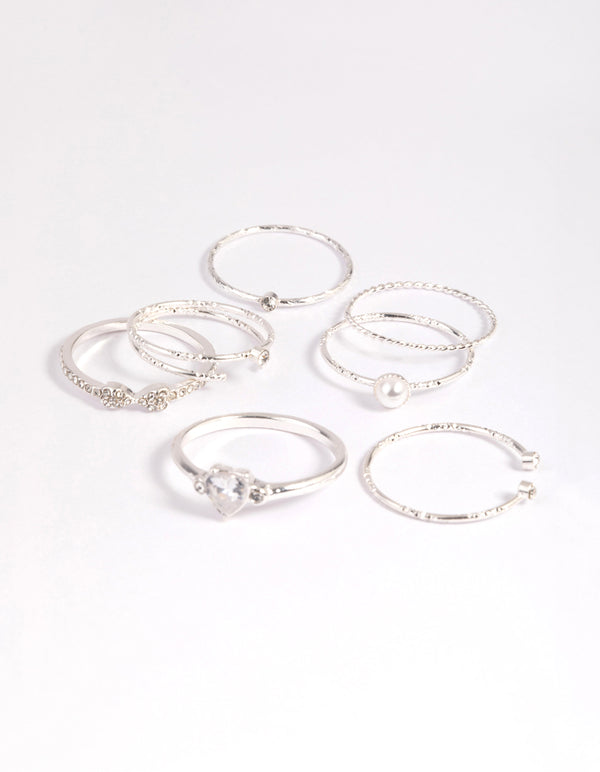 Silver Dainty Diamante & Pearl Ring Pack