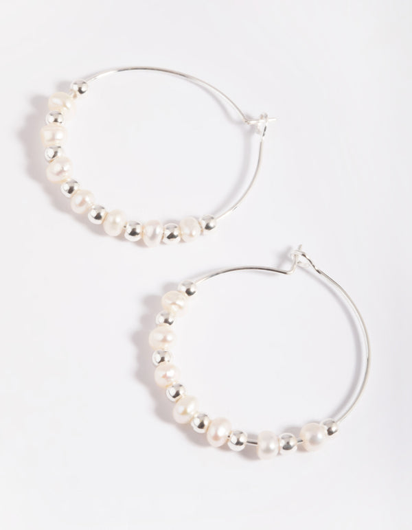 Silver Plated Wire Pearl Hoop Earrings