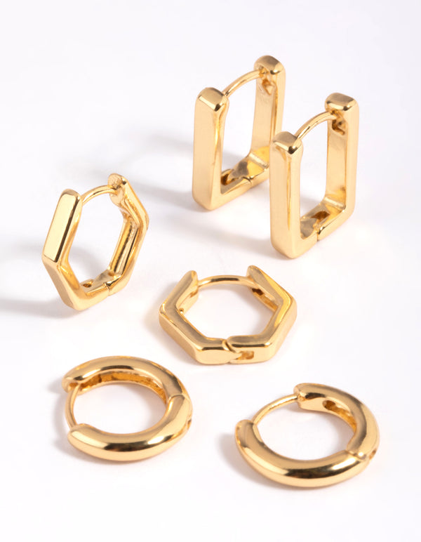 Gold Plated Brass Hexagon Earring Stack 6-Pack