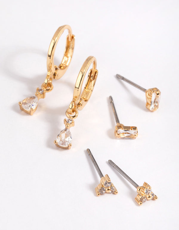 Gold Plated Brass Pear Cubic Zirconia Huggie Hoop Earrings