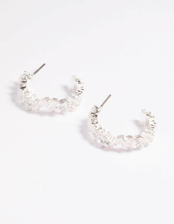 Rhodium Cubic Zirconia Baguette Hoop Earrings