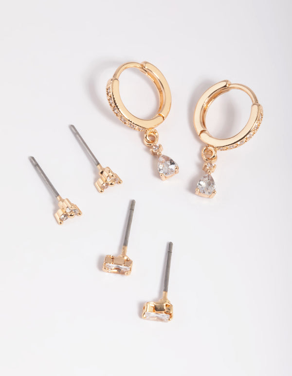 Gold Cubic Zirconia Dainty Stud & Huggie Earring Stack Pack