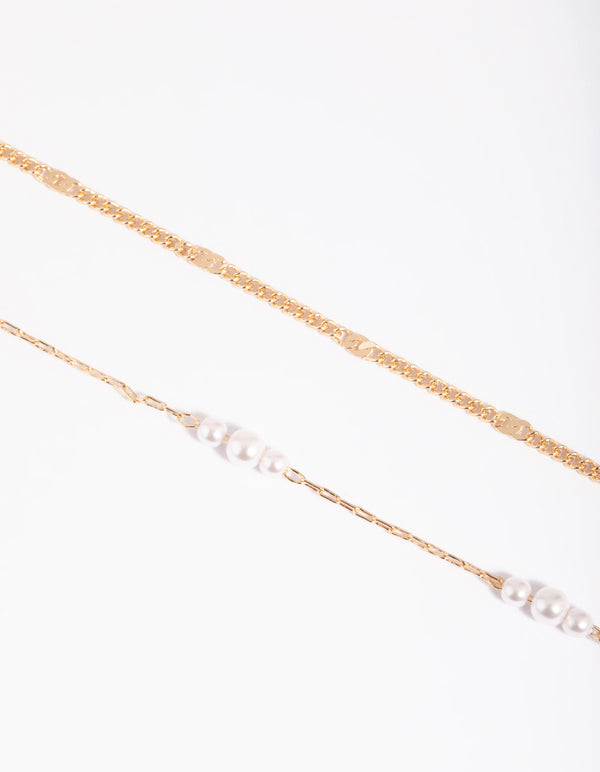 Gold Mini Pearl & Chain Bracelet Set