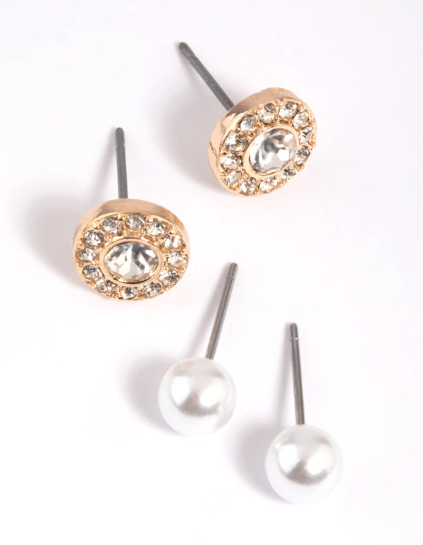 Gold Pearl & Diamante Stud Earring Pack