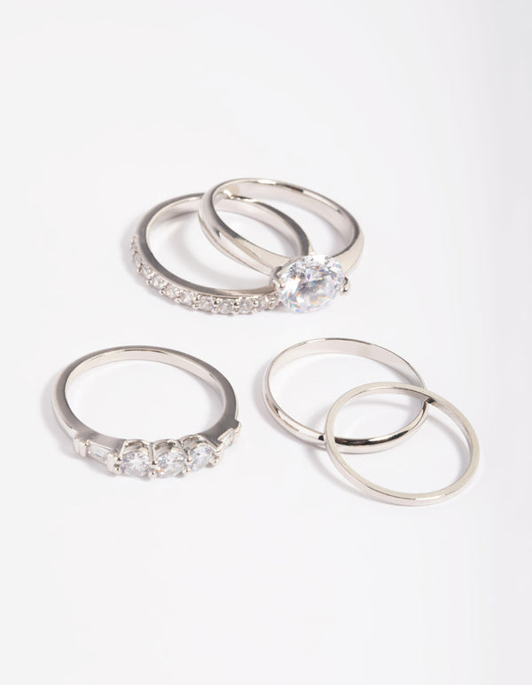 Silver Cubic Zirconia Solitaire Ring Stack Pack