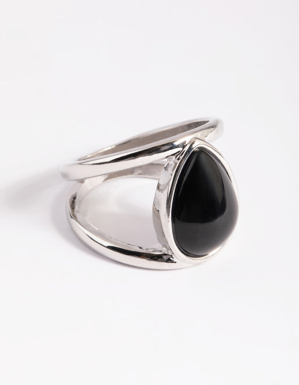 Silver Black Pear Stone Ring