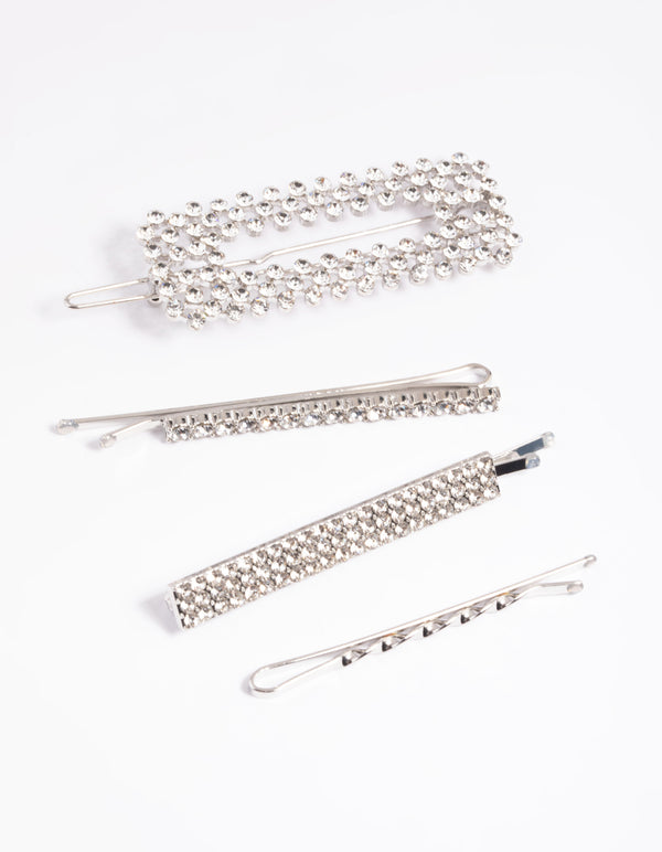 Silver Diamante Mixed Hair Slide 4-Pack