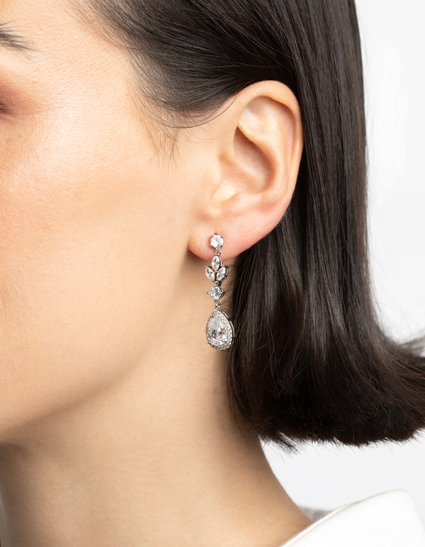 Rhodium Diamond Simulant Teardrop Earrings