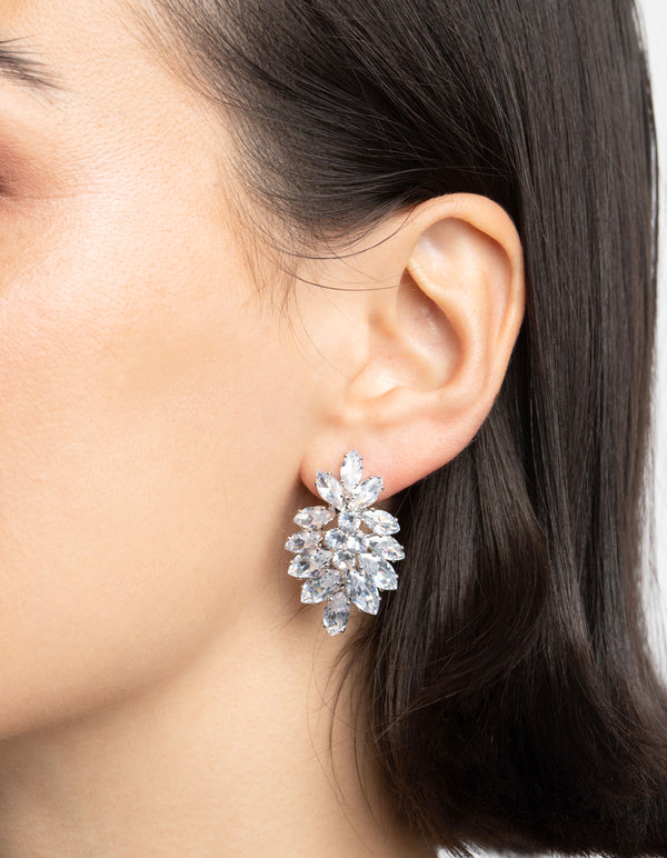 Silver Diamond Simulant Marquise Statement Earrings