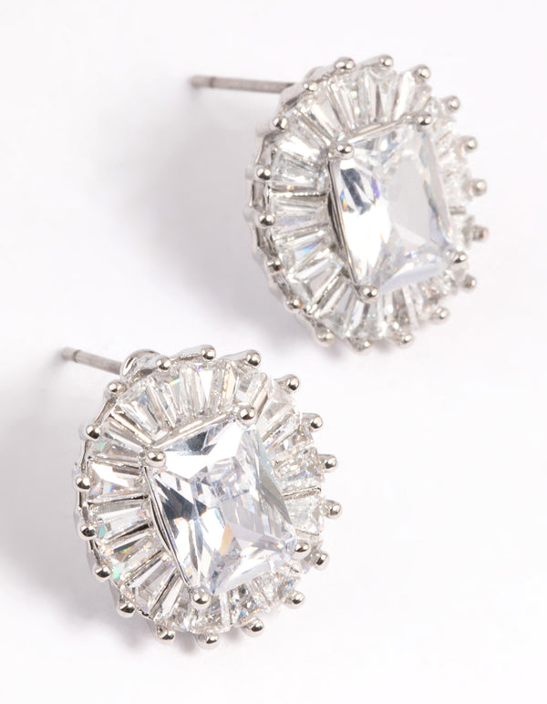 Rhodium Diamond Simulant Halo Statement Stud Earrings