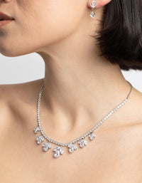 Silver Diamond Simulant Flower Necklace & Earrings Set - link has visual effect only