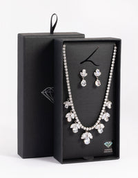 Silver Diamond Simulant Flower Necklace & Earrings Set - link has visual effect only