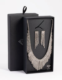 Rhodium Diamond Simulant Waterfall Necklace & Earrings Set - link has visual effect only