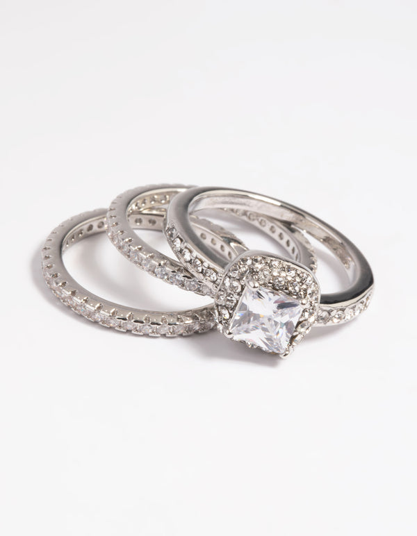 Rhodium Diamond Simulant Square Ring Pack