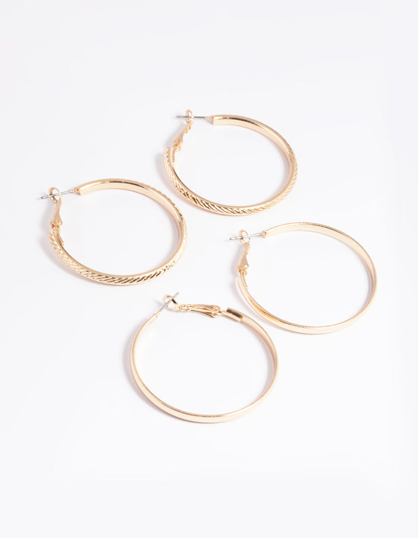 Gold Plain Text Hoop Earrings Set