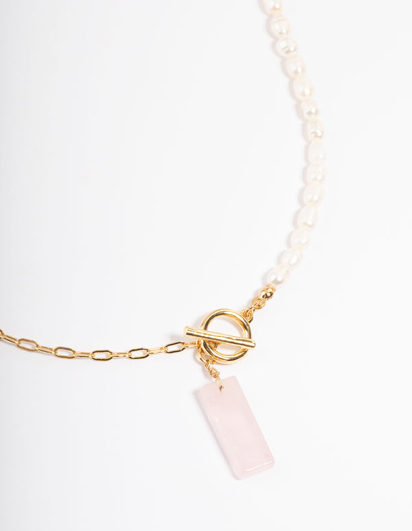 Gold Plated Rose Quartz & Freshwater Pearl Necklace