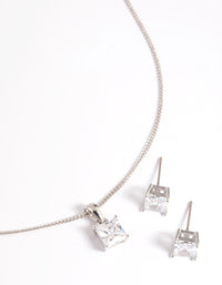 Silver Diamond Simulant Square Necklace & Earrings Set - link has visual effect only