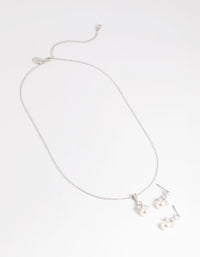 Rhodium Diamond Simulant Flower Pearl Necklace & Earrings Set - link has visual effect only