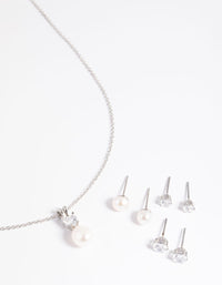 Silver Diamond Simulant Freshwater Pearl Necklace & Earrings Set - link has visual effect only