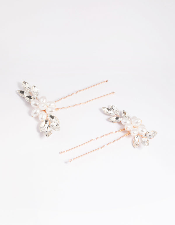 Rose Gold Diamante Pearl FLower Hair Pins