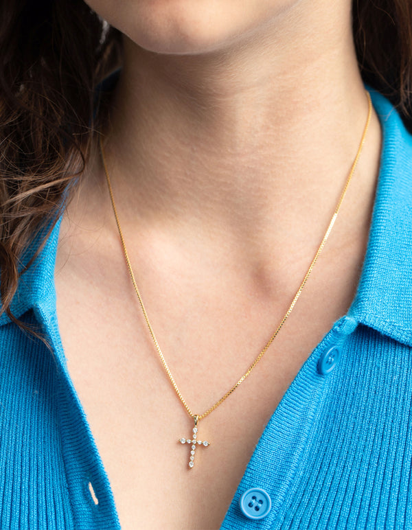 Gold Plated Cubic Zirconia Cross Chain Necklace