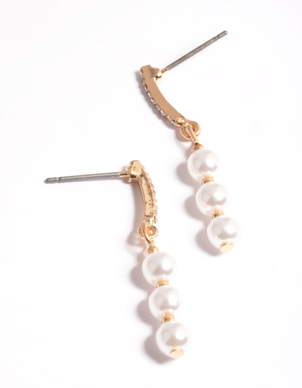 Gold Stick Diamante & Pearl Drop Earrings