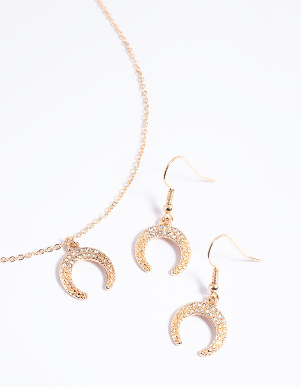 Gold Crescent Diamante Necklace & Earrings Set