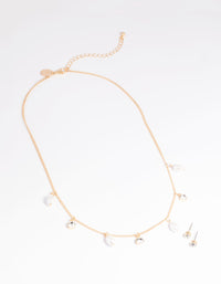 Gold Pearl Diamante Droplet Necklace & Earrings Set - link has visual effect only