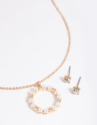 Gold Pearl Diamante Circle Necklace & Earrings Set - link has visual effect only