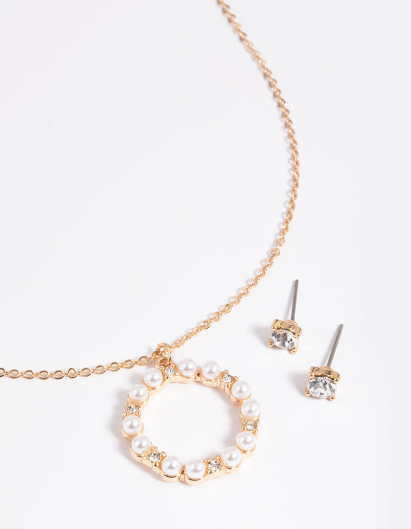 Gold Pearl Diamante Circle Necklace & Earrings Set