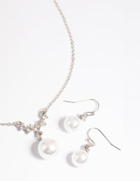 Silver Pearl Diamante Statement Necklace & Earrings Set - link has visual effect only