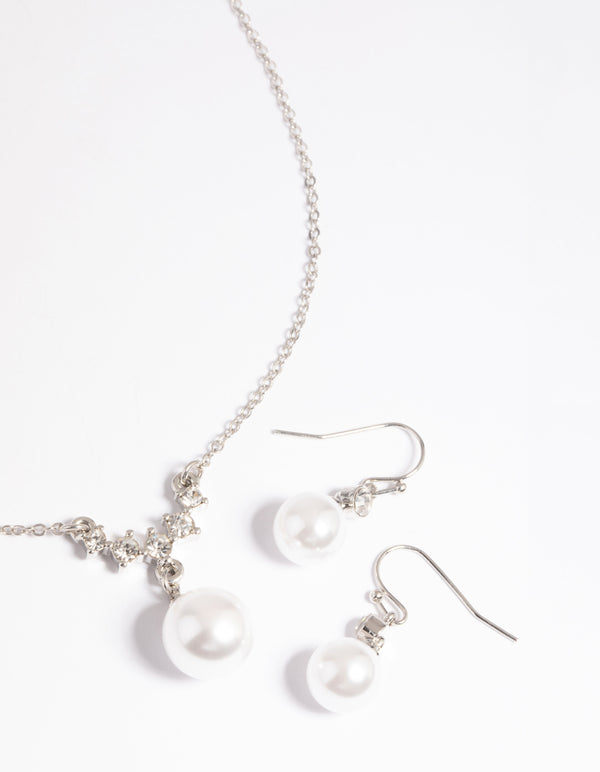 Silver Pearl Diamante Statement Necklace & Earrings Set