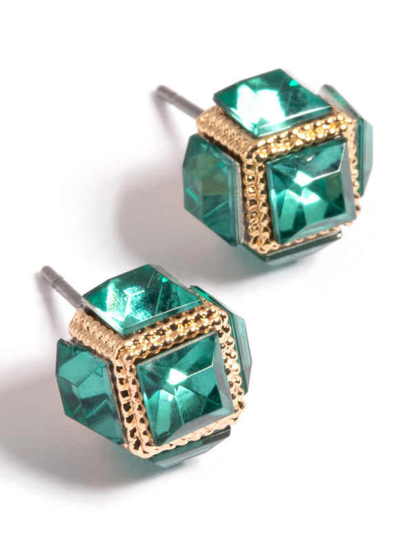 Gold Buldge Cube Stud Earrings