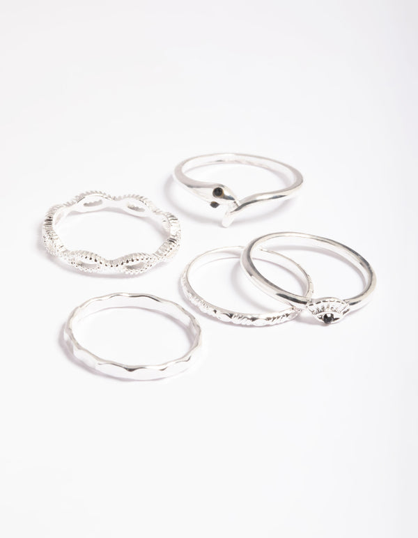 Silver Serpent & Evil Eye Rings 5-Pack