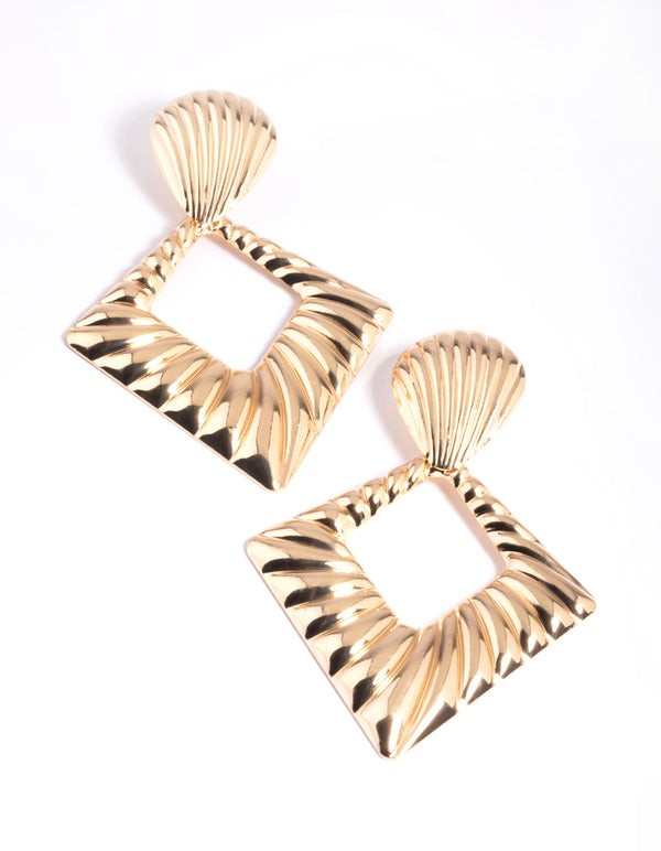 Gold Textured Twist Drop Geometric Earrings