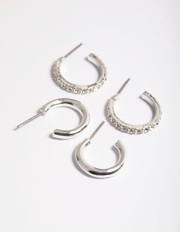 Silver Plain & Diamante Huggie Earrings Pack