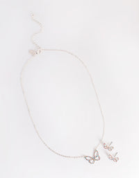 Silver Diamante Butterfly Necklace & Stud Earring Set - link has visual effect only