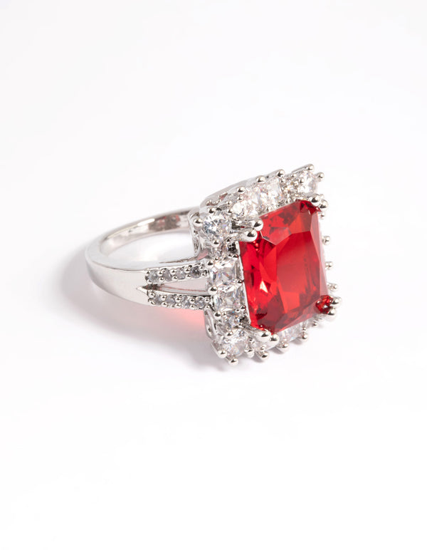 Silver Cubic Zirconia Red Asscher Ring