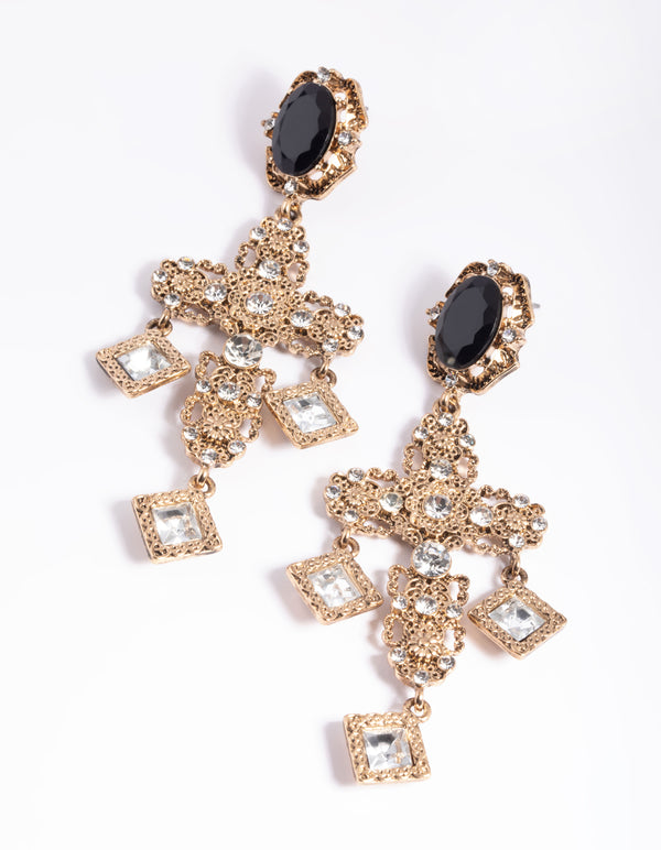 Antique Gold & Black Statement Drop Earrings