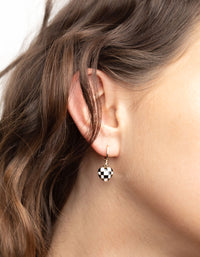 Gold Black & White Checkered Heart Huggie Earrings - link has visual effect only