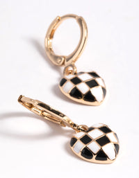 Gold Black & White Checkered Heart Huggie Earrings - link has visual effect only