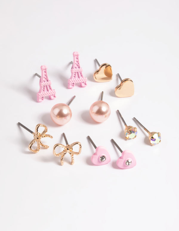 Kids Gold Paris Love Stud Earrings 6-Pack