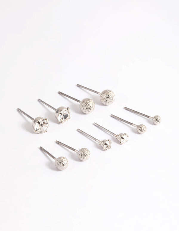 Rhodium Diamante Textured Stud Earrings 5-Pack